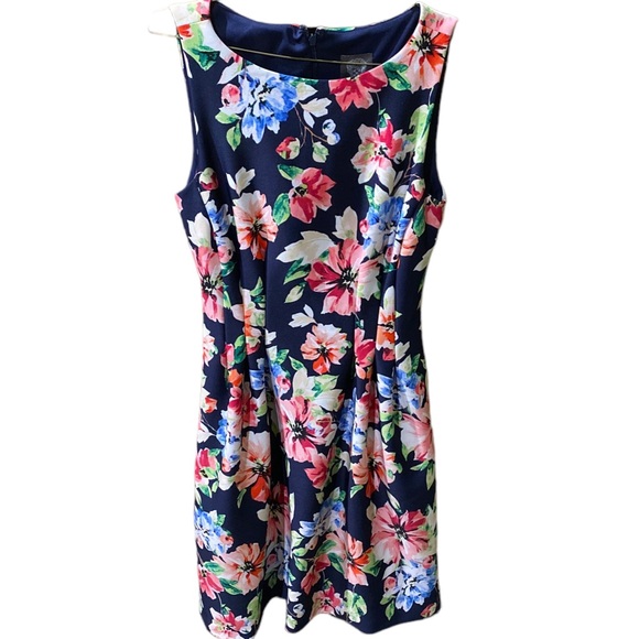 Vince Camuto Navy Floral Fit and Flare Scuba  Dress - Picture 4 of 15